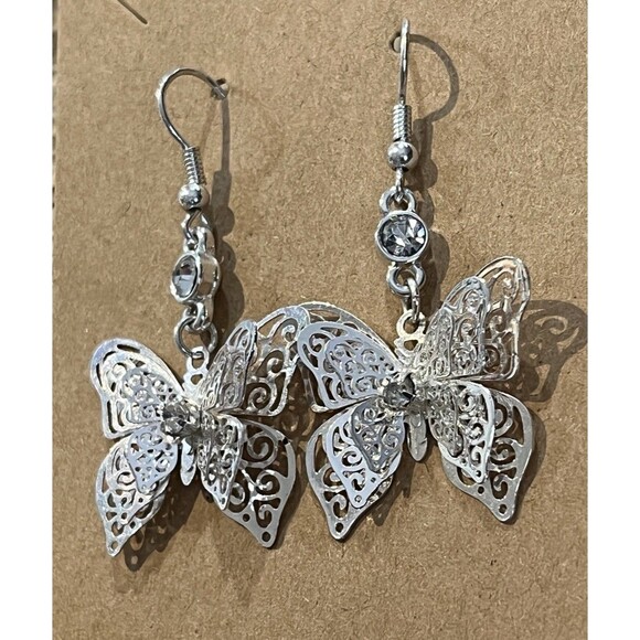 Silver Tone Filigree Style 3D Butterfly Earrings Rhinestone Accents Novelty - Picture 4 of 7
